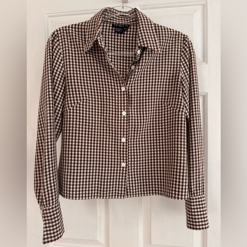 Tracy M. Silk Cropped Chocolate Brown Check Button Down Blouse